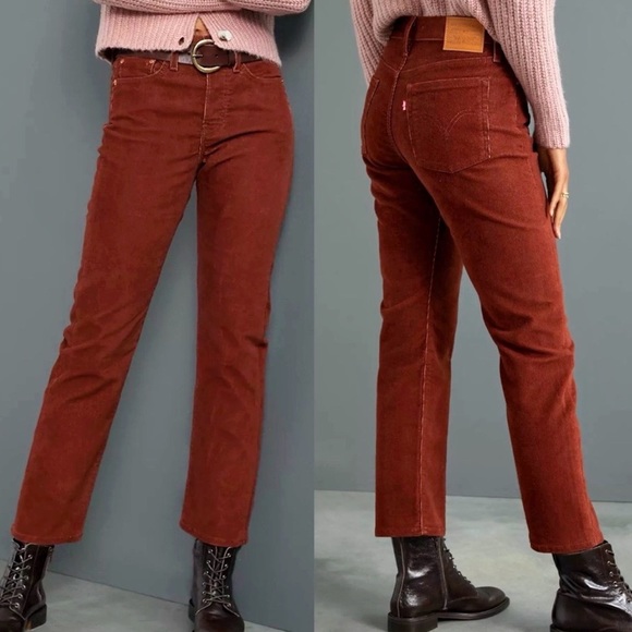 Levi's Premium Wedgie Straight Corduroy Cherry Mahogany Brown Pants - Picture 3 of 14